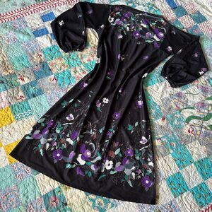 SOLD Vintage 70s Dark Floral Balloon Sleeve Boho Midi Dress Lightweight Festival